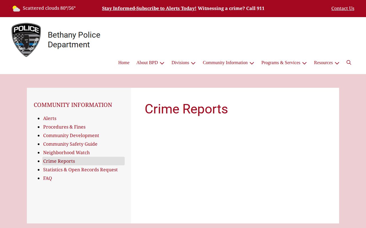 Moultrie County Bethany crime reports page for local incident records