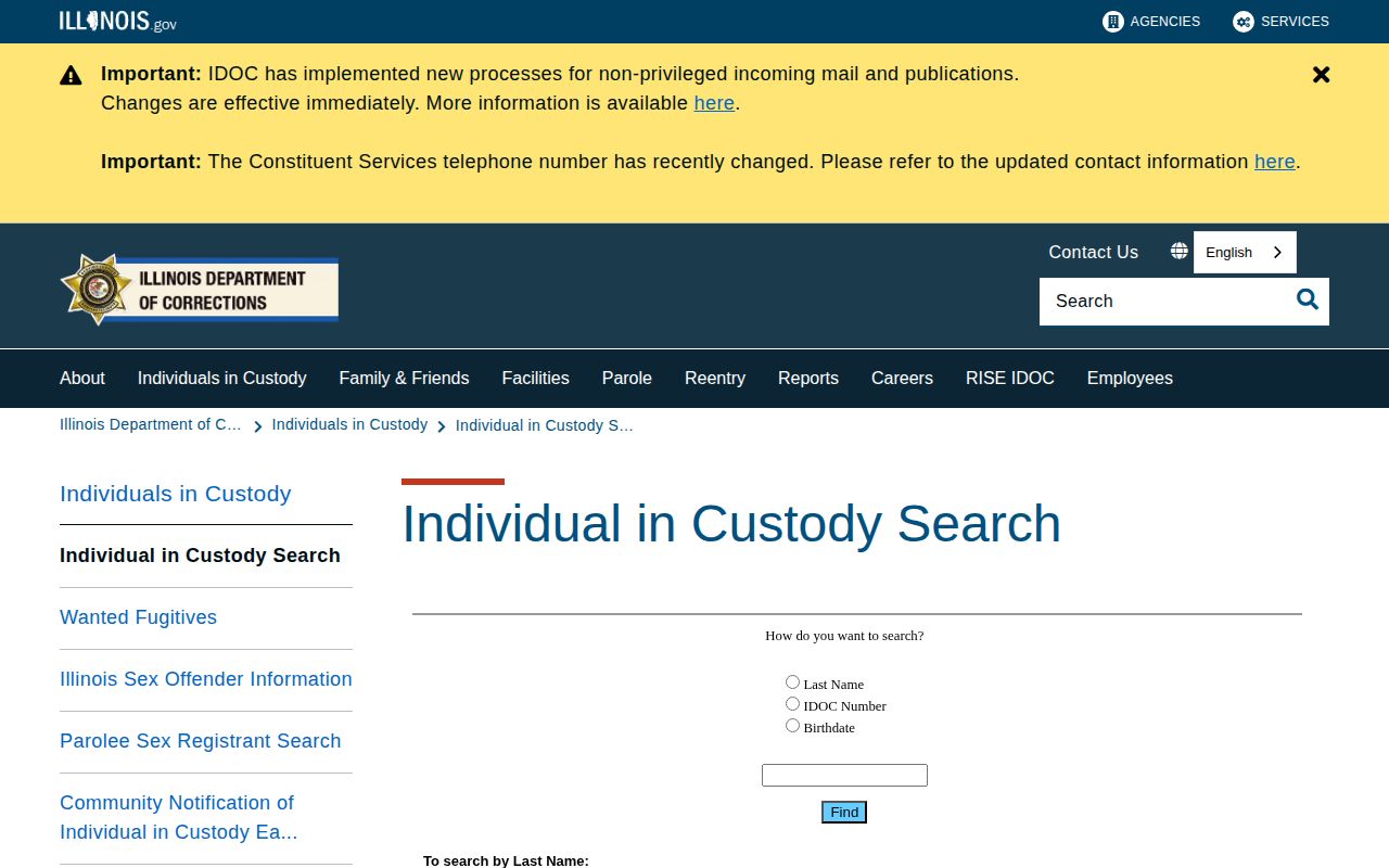 Moultrie County Illinois Department of Corrections offender search for state custody records