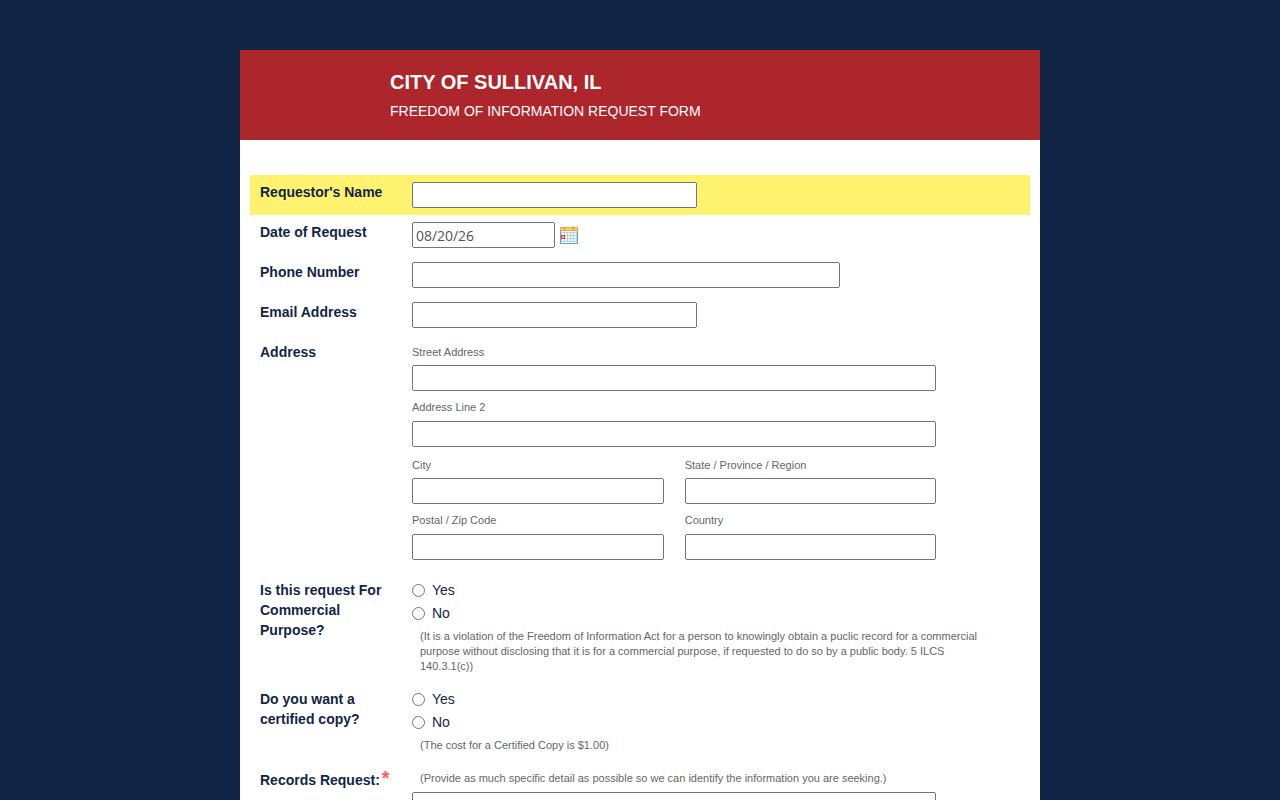 Moultrie County Sullivan online FOIA form for police records and booking photo requests