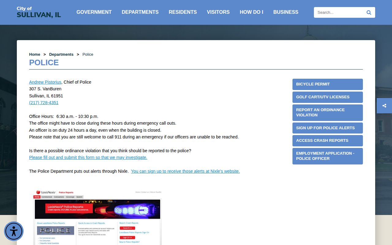 Moultrie County Sullivan Police Department contact page for arrest records
