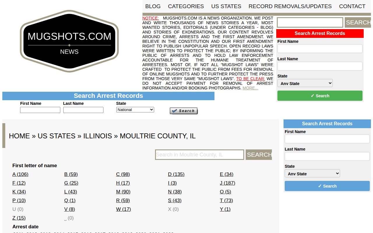 Unofficial Moultrie County third-party mugshot archive page